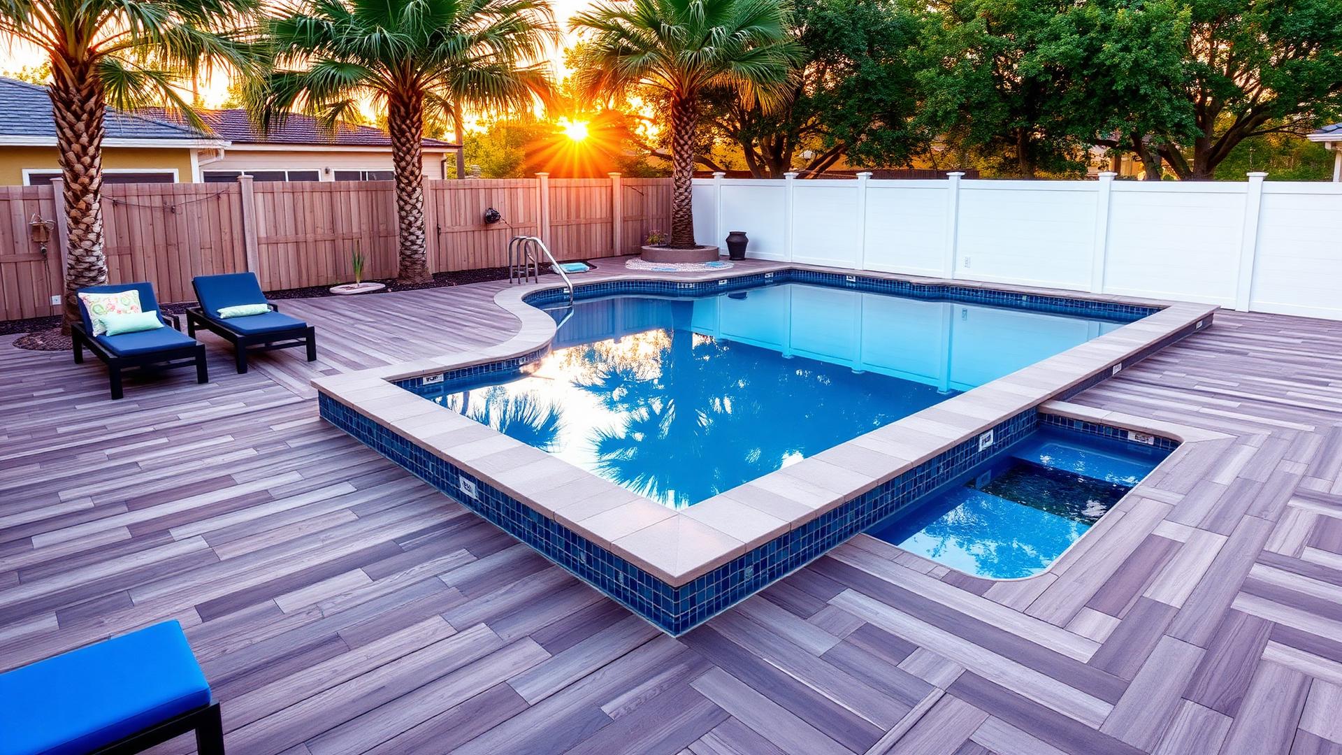 Composite pool deck around a backyard pool in San Antonio